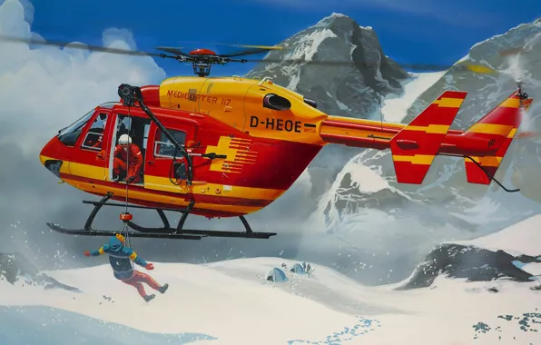 Горы, рисунок, вертолет, спасение, Kawasaki, многоцелевой, Eurocopter, Medicopter 117