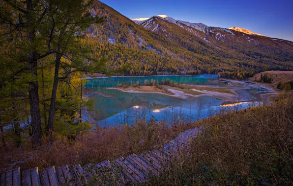 Картинка озеро, деревья, осень, горы