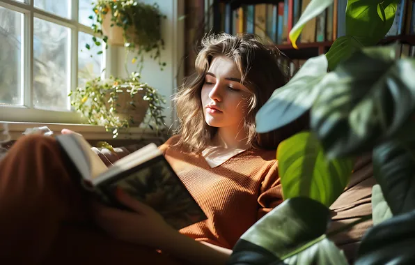 Листья, девушка, свет, комната, растения, окно, тени, книга