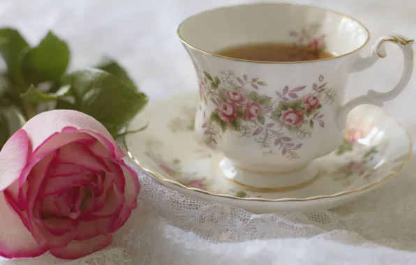 Цветок, чай, роза, лепестки, бутон, чашка, натюрморт, блюдце