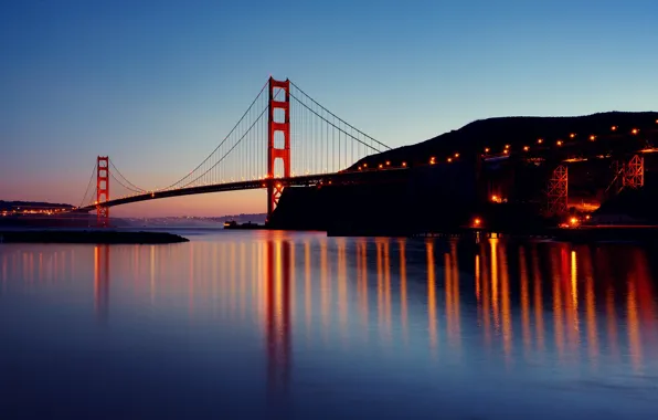 Картинка огни, отражение, вечер, Калифорния, Сан-Франциско, сумерки, мост Золотые ворота