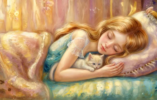 Кошка, девушка, котенок, сон, портрет, блондинка, спит, девочка