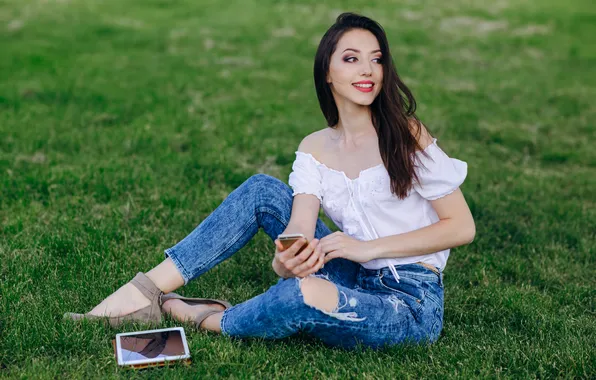 Girl, grass, young, park, sitting, tablet, mobile