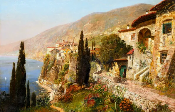 Цветы, Дома, Горы, Деревья, Картина, Побережье, Alois Arnegger, Алоис Арнеггер