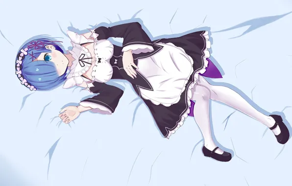 Девушка, демон, лежит, anime, горничная, art, Rem, Re: Zero kara Hajimeru Isekai Seikatsu