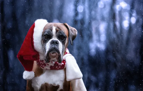 Картинка взгляд, морда, снег, собака, Санта Клаус, колпак, Боксёр