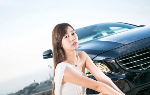 Авто, взгляд, Девушки, азиатка, красивая девушка, VOLVO, позирует над машиной