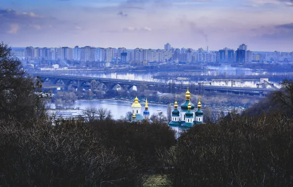 Картинка зима, мост, Сад, Украина, монастырь, купола, Киев, Днепр