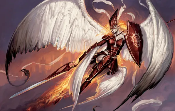 Картинка огонь, крылья, меч, Matt Cavotta, Firemane Angel
