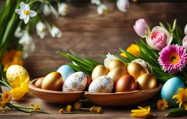Картинка цветы, яйца, весна, colorful, Пасха, happy, flowers, spring