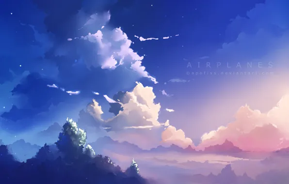Картинка небо, облака, деревья, арт, airplanes, apofiss