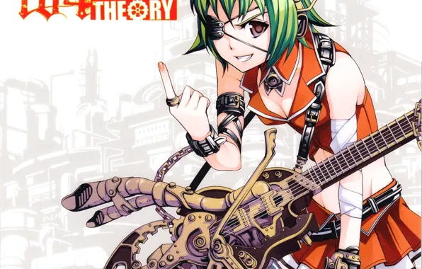 Завод, гитара, очки, шестеренки, повязка, цепи, vocaloid, зеленые волосы