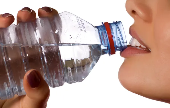 Woman, water, lips, bottle