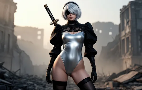 Картинка background, katana, ruins, Character, 2B Nier Automata