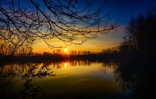 Деревья, закат, озеро, Германия