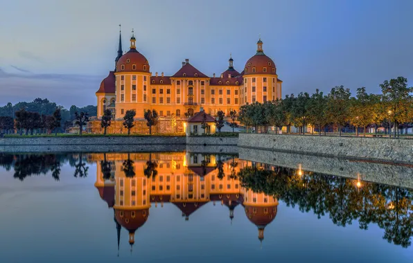 Озеро, отражение, замок, Германия, зеркало, Морицбург
