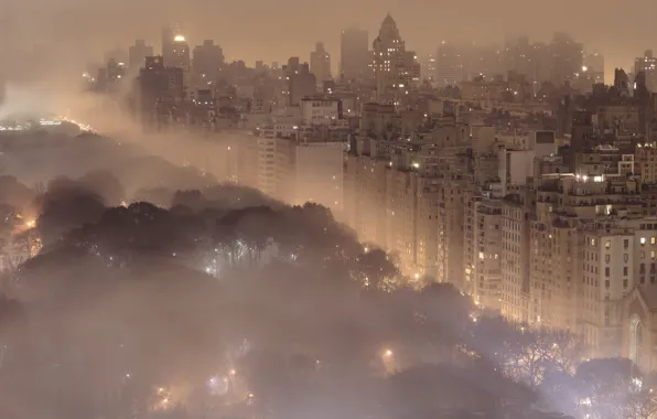 Картинка ночь, город, огни, туман, города, пейзажи, здания, Нью-Йорк