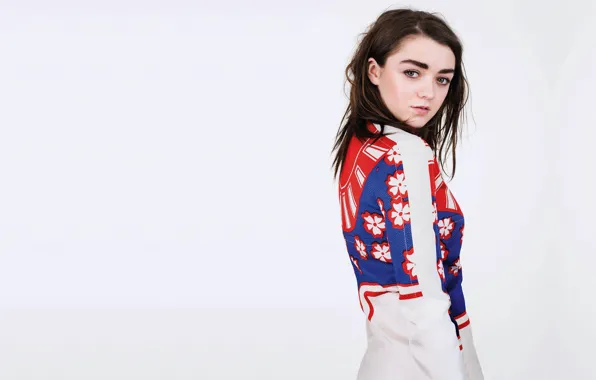 Девушка, брюнетка, белый фон, Актриса, Maisie Williams, Мэйси Уильямс