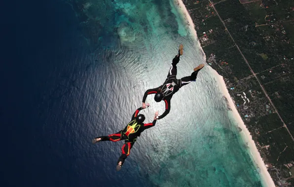 Картинка пляж, риф, парашютисты, экстремальный спорт, парашютизм, formation skydiving, 2-way FS