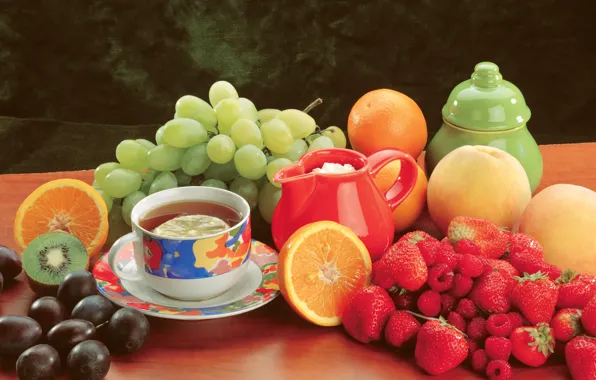 Картинка ягоды, малина, стол, чай, апельсины, киви, клубника, виноград