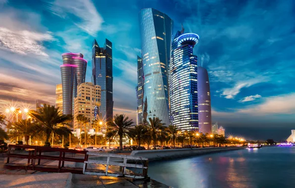 Water, skyscraper, Qatar, Doha, metropolis