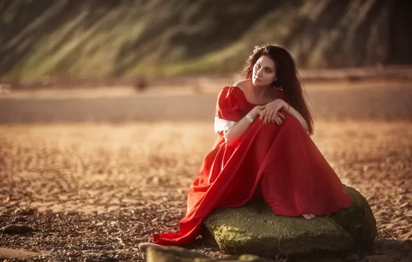 Девушка, поза, настроение, камень, красное платье, Алена Яковлева