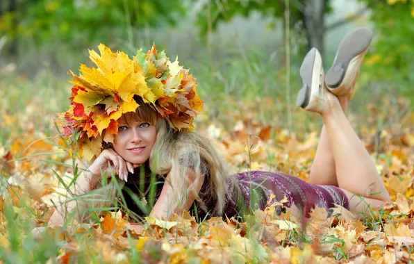 Картинка осень, листья, девушка