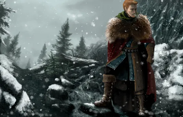Картинка снег, горы, воин, dragon age, origins, alistair
