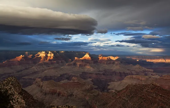 Облака, свет, закат, скалы, Аризона, сша, Гранд-Каньон, Grand Canyon