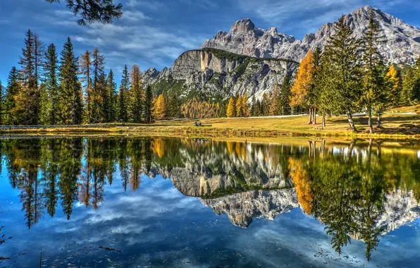 Картинка осень, деревья, горы, озеро, отражение, Италия, Italy, Доломитовые Альпы