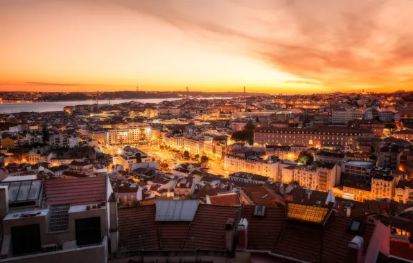 Закат, река, здания, дома, панорама, Португалия, ночной город, Лиссабон