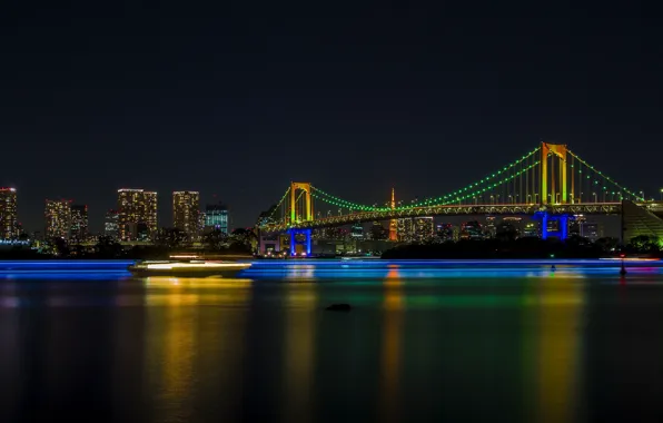 Огни, здание, Tokyo, Japan, Rainbow Bridge