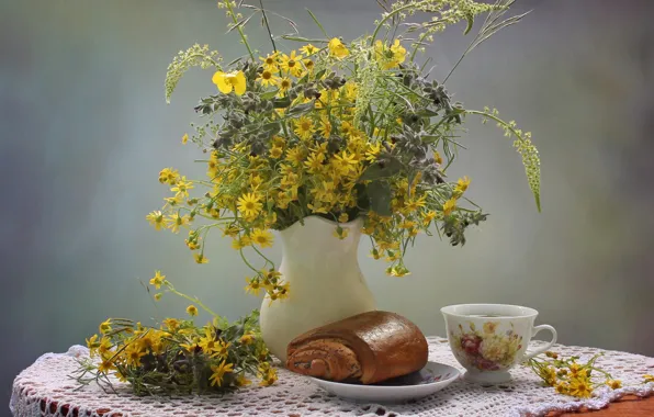 Цветы, чай, букет, чашка, булочка
