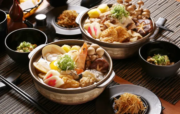 Грибы, креветки, морепродукты, японская кухня, блюда, тофу