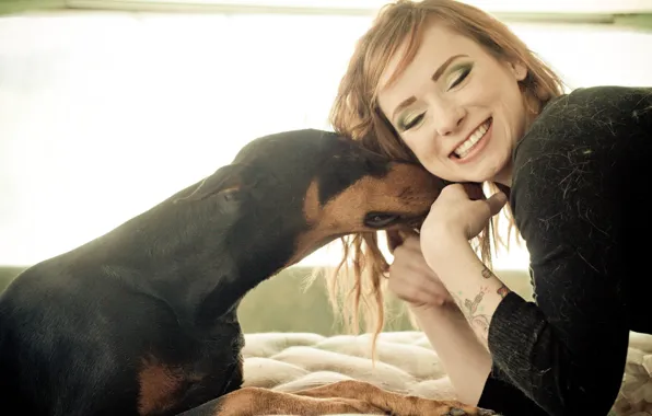 Girl, woman, smile, dog, model, tattoo, redhead, tattoos