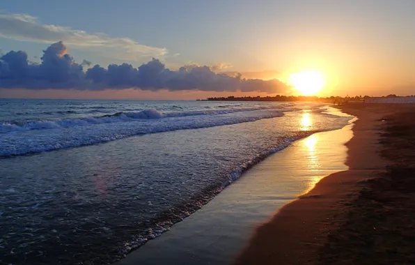 Картинка песок, море, солнце, закат