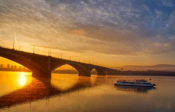 Картинка закат, мост, река