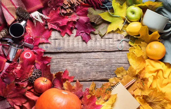 Картинка осень, листья, фон, яблоки, colorful, урожай, клен, wood