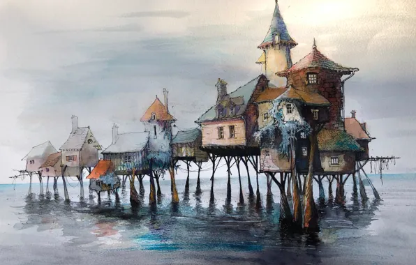 Картинка вода, рисунок, сказка, акварель, домик