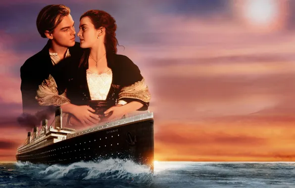 Любовь, закат, корабль, пара, Титаник, love, sunset, Леонардо ДиКаприо