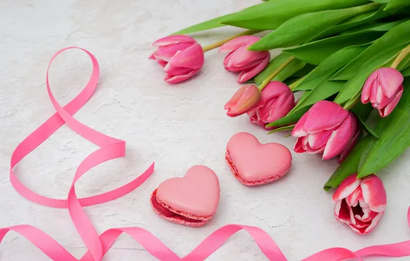 Цветы, цифра, тюльпаны, happy, 8 марта, pink, flowers, hearts