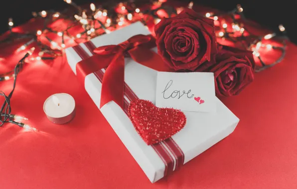 Картинка red, love, romantic, hearts, valentine's day, gift, roses, красные розы