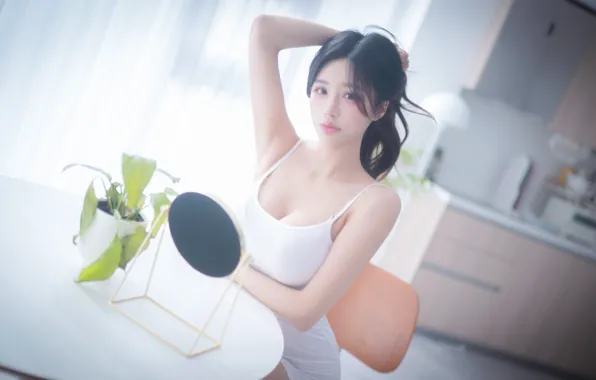 Картинка cleavage, Asian, dress, model, women, white dress, women indoors, Korean women