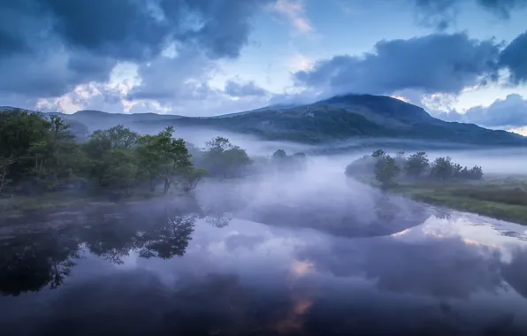 Горы, туман, река, холмы, Англия, утро, England, Уэльс