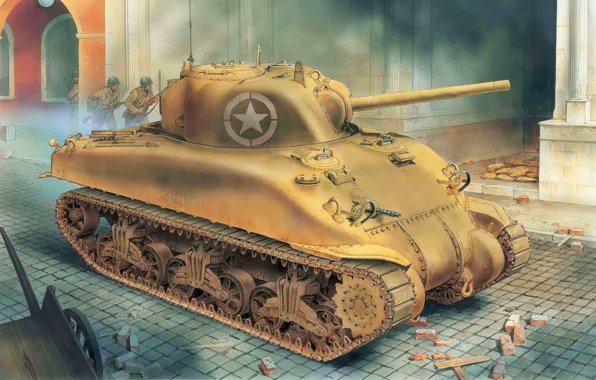 Картинка арт, танк, сражение, американский, под, M4A1, пехота, Шерман