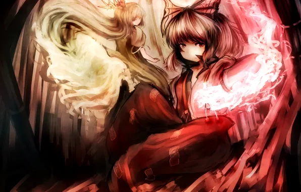 Взгляд, девушки, магия, touhou, art, kamishirasawa keine, mifuru, fujiwara no mokou