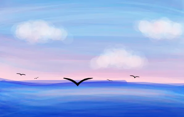 Картинка море, облака, чайки