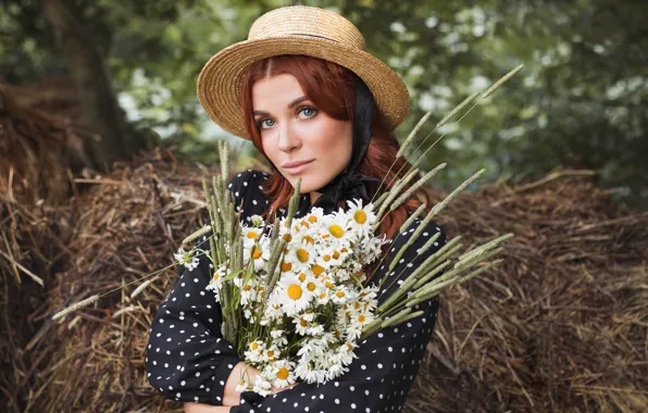 Взгляд, девушка, цветы, портрет, ромашки, букет, шляпка, Элина Гарипова