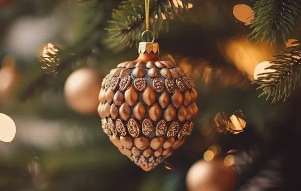 Украшения, фон, елка, шар, Новый Год, Рождество, golden, new year