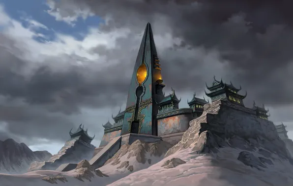 Картинка снег, горы, башня, храм, jade dynasty